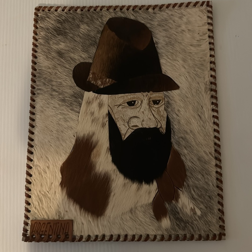 Vintage Portrait Primitive Folk Art Leather Hide Rustic Old World Argentina